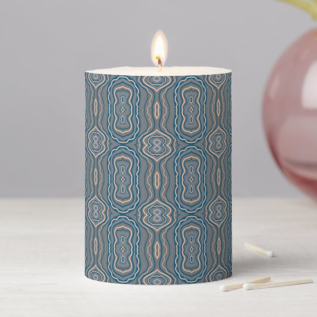 Beige Blue And Gray Alternating Pattern Design  Pillar Candle (In Situ)