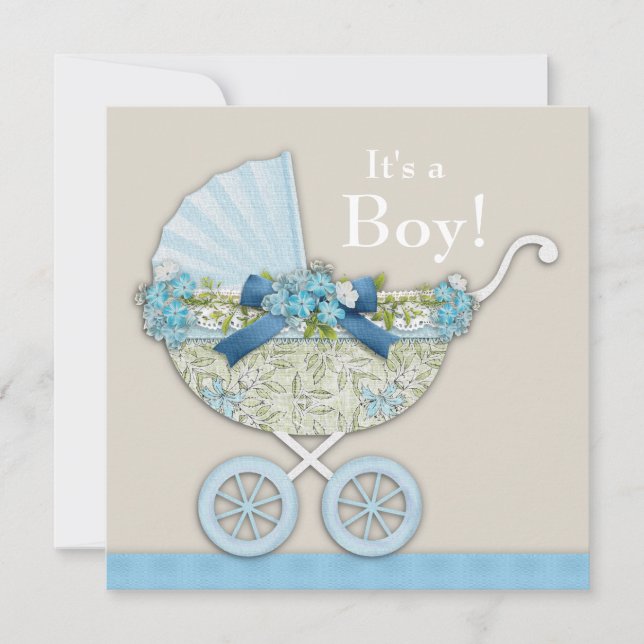 Beige Blue Baby Carriage Boy Shower Invitation (Front)