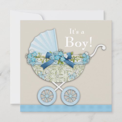 Beige Blue Baby Carriage Boy Shower Personalized Invitations