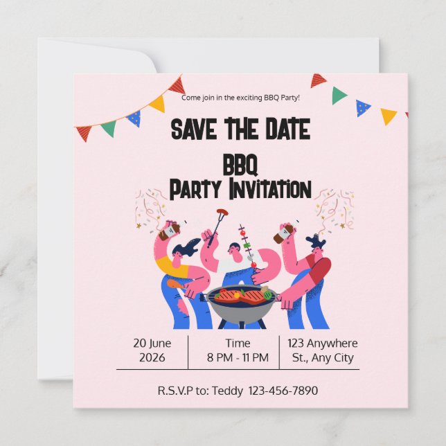 Beige Blue BBQ Save the Date Flat Card (Front)