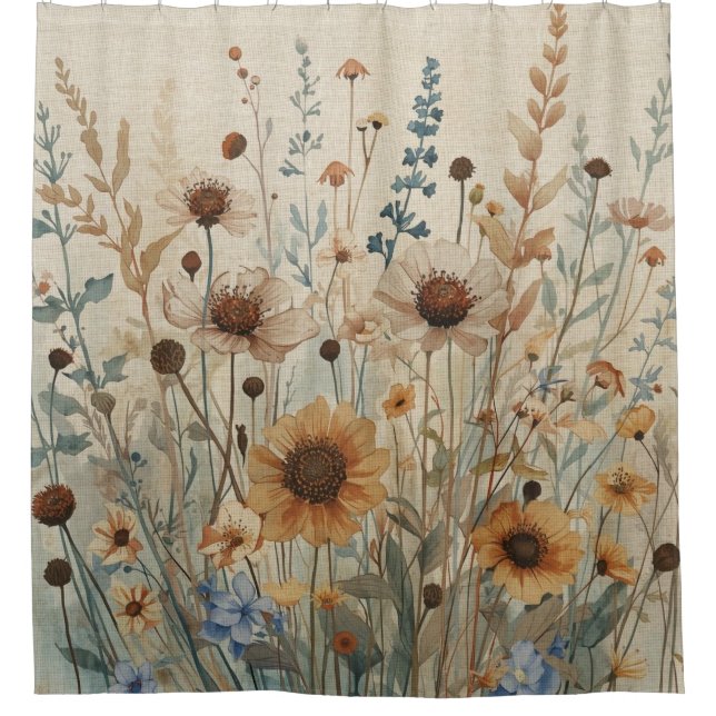 Beige Blue Brown Wild Flower Shower Curtain (Front)