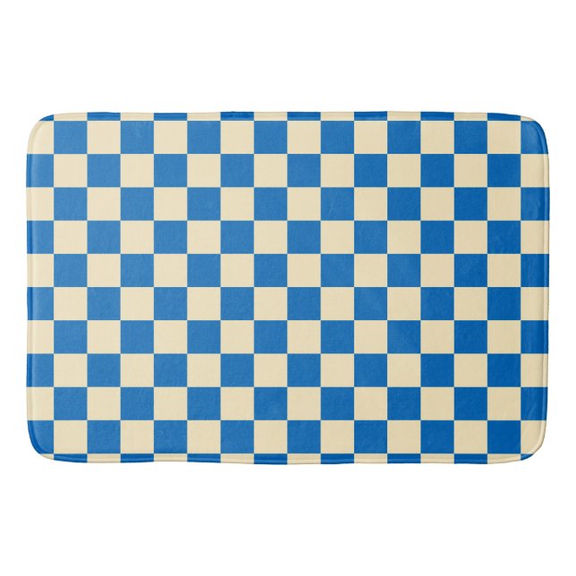 Beige + Blue Check Checkered Checkerboard Pattern Bath Mat (Front)