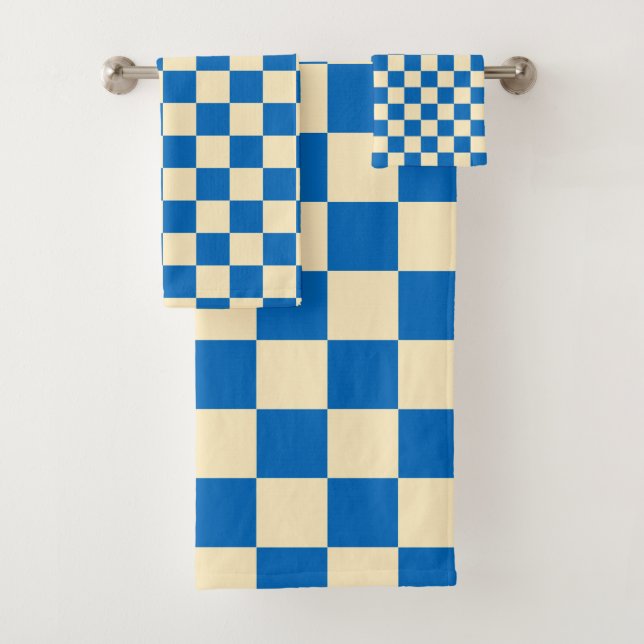 Beige + Blue Check Checkered Checkerboard Pattern Bath Towel Set (Insitu)