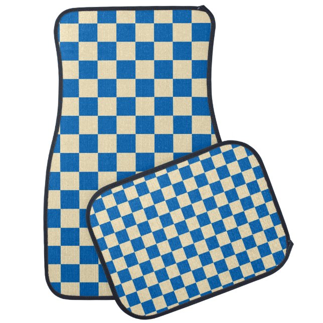 Beige + Blue Check Checkered Checkerboard Pattern Car Floor Mat (Set)