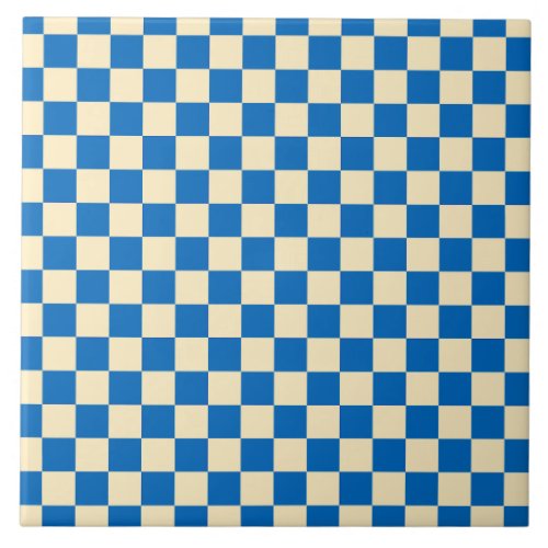 Beige  Blue Check Checkered Checkerboard Pattern Ceramic Tile