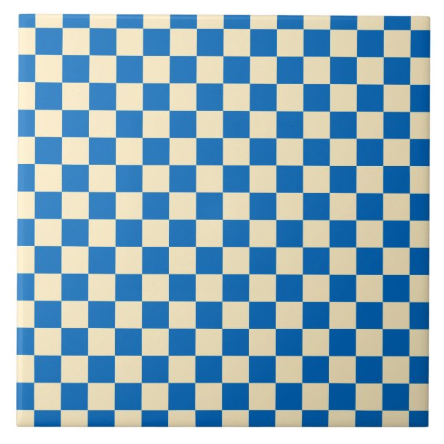 Beige + Blue Check Checkered Checkerboard Pattern Ceramic Tile (Front)