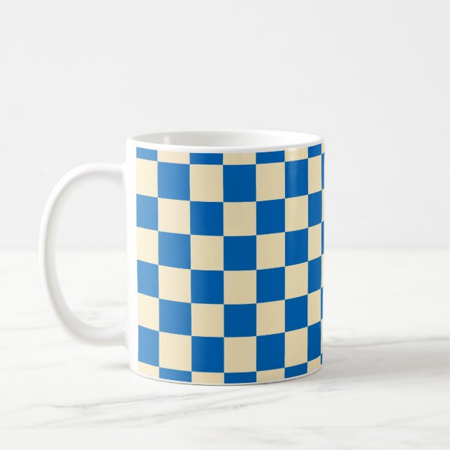Beige + Blue Check Checkered Checkerboard Pattern Coffee Mug (Left)