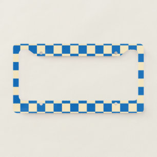 Beige + Blue Check Checkered Checkerboard Pattern License Plate Frame