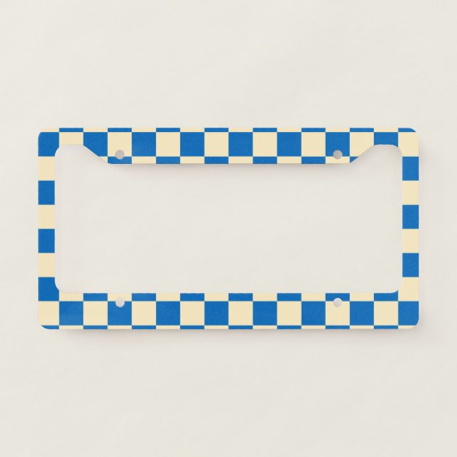Beige + Blue Check Checkered Checkerboard Pattern License Plate Frame (Front)