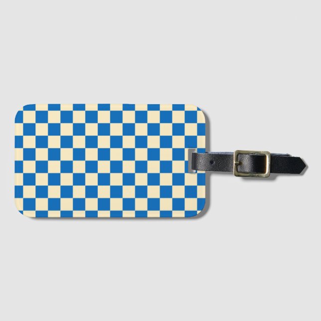 Beige + Blue Check Checkered Checkerboard Pattern Luggage Tag (Front Horizontal)
