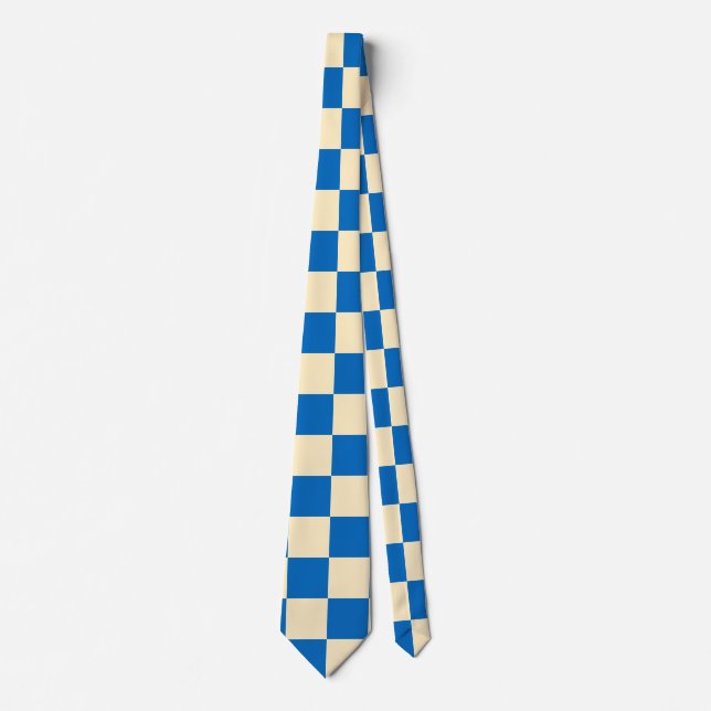 Beige + Blue Check Checkered Checkerboard Pattern Neck Tie (Front)