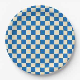 Beige + Blue Check Checkered Checkerboard Pattern Paper Plates
