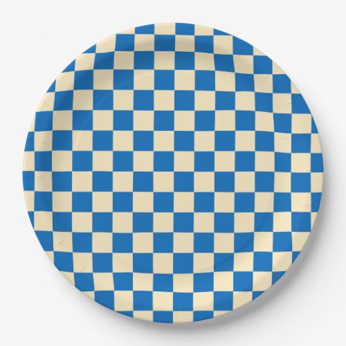 Beige  Blue Check Checkered Checkerboard Pattern Paper Plates