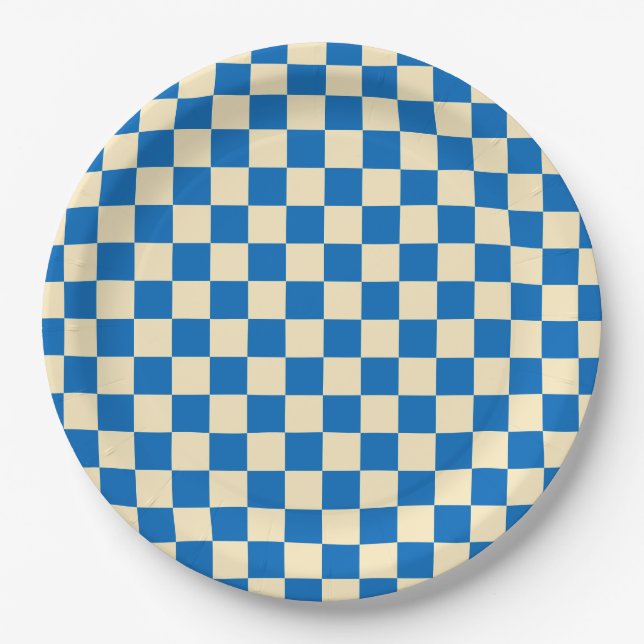 Beige + Blue Check Checkered Checkerboard Pattern Paper Plates (Front)