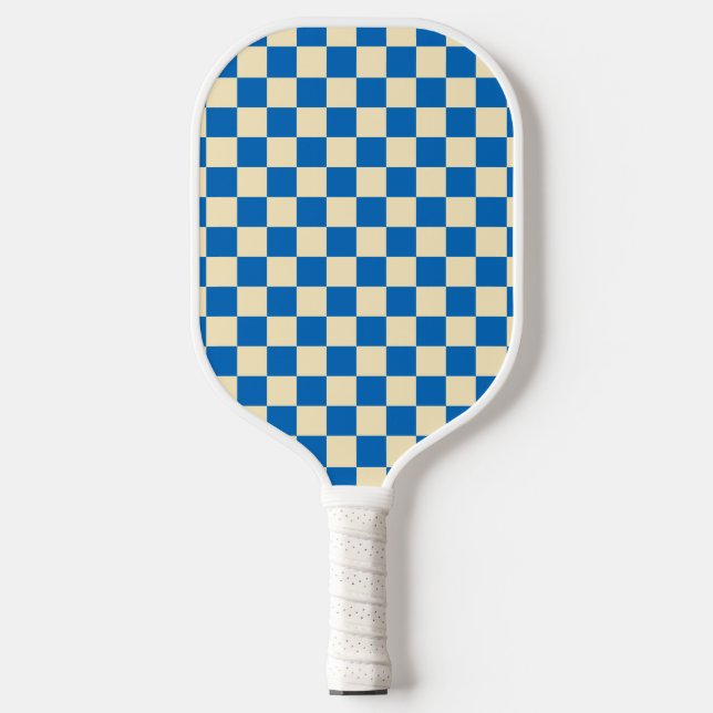 Beige + Blue Check Checkered Checkerboard Pattern Pickleball Paddle (Front)