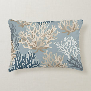 Beige Blue Coral Reef Sealife Ocean Coastal Accent Pillow