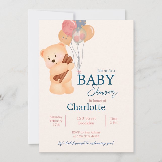 Beige Blue Cute Bear with Balloons Baby Shower Invitation (Front)
