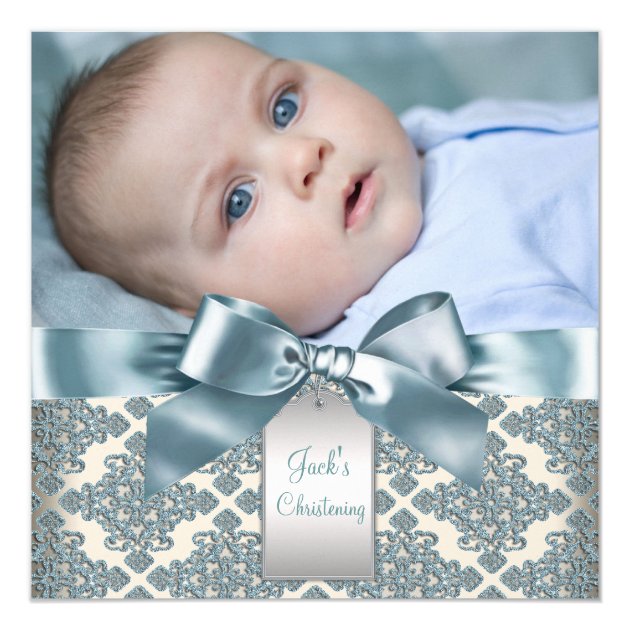 Beige Blue Damask Baby Boy Photo Christening Card