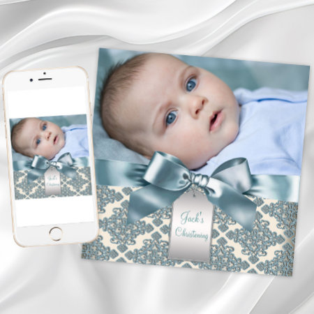 Beige Blue Damask Baby Boy Photo Christening Invitation