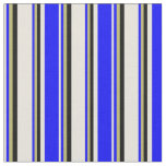 [ Thumbnail: Beige, Blue, Dark Khaki & Black Colored Stripes Fabric ]