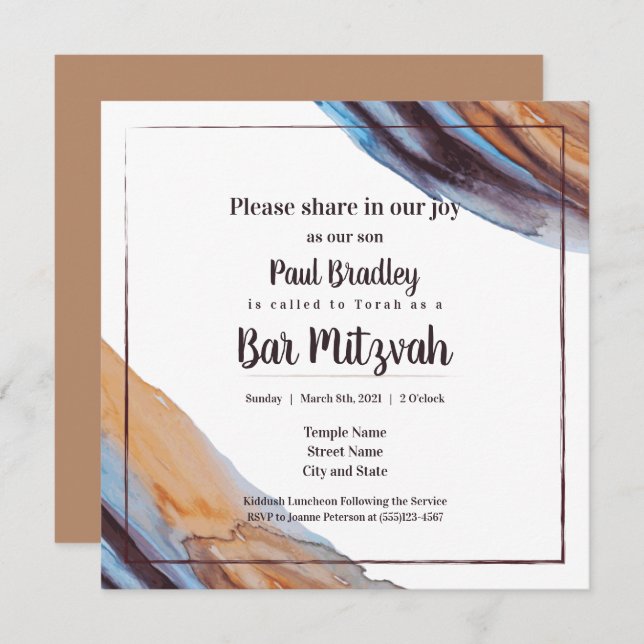 Beige, Blue, Eggplant Bar Mitzvah Invitation (Front/Back)