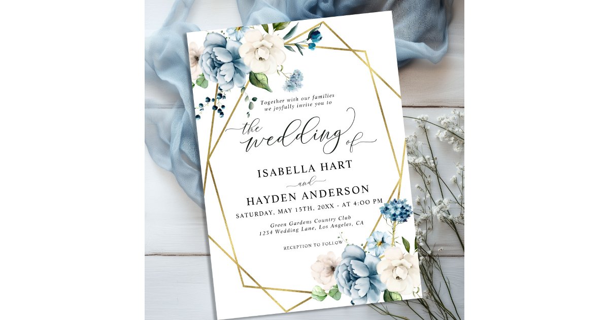 Beige Blue Elegant Floral Gold Frame Wedding Invitation | Zazzle