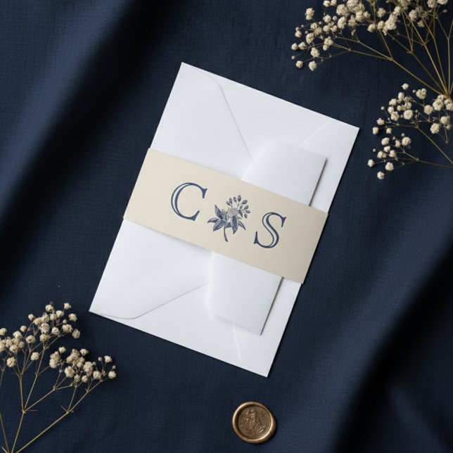 Beige blue flowers wedding monograms  invitation belly band (Creator Uploaded)