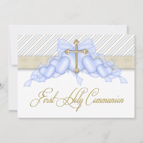 Beige Blue Gold Cross Boys Blue First Communion Custom Invite