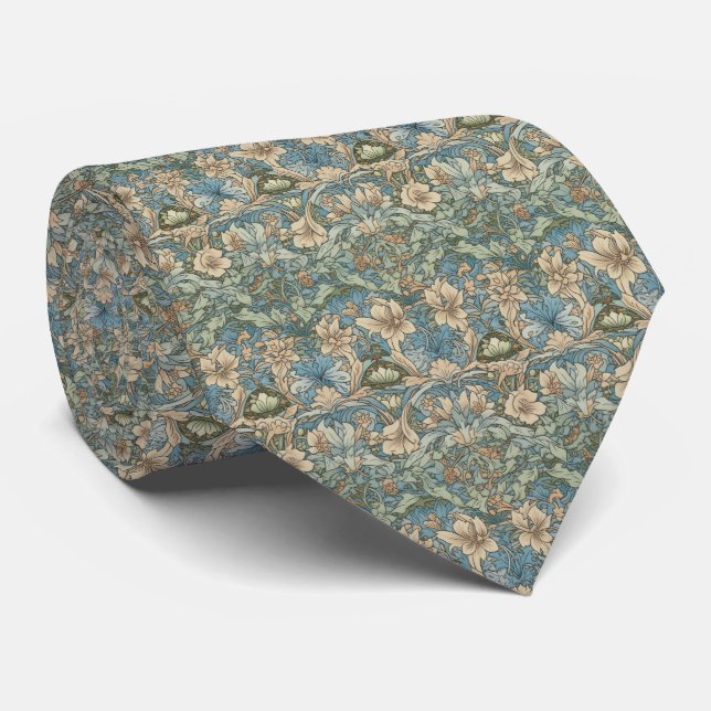 Beige Blue Green Floral Men's Neck Tie (Rolled)