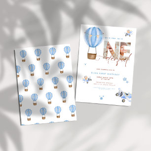 Beige Blue hot Air Ballon Onederful 1st Birthday Invitation