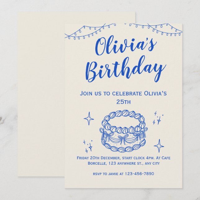 Beige Blue Illustrative Birthday Invite (Front/Back)