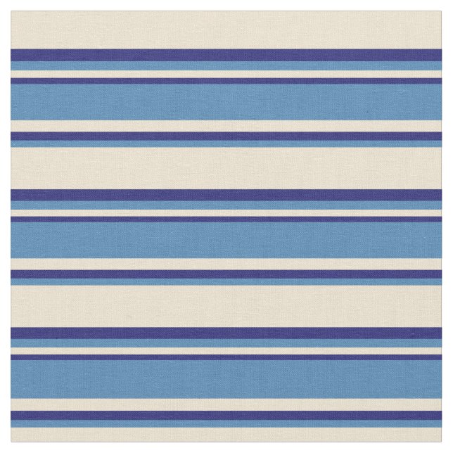 Beige, Blue & Midnight Blue Stripes/Lines Pattern Fabric (Close Up)