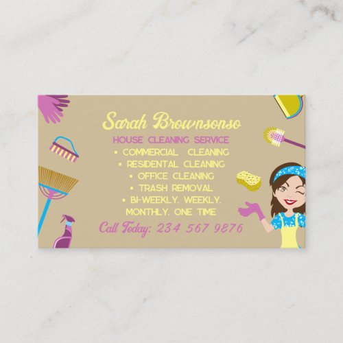 Beige Blue Pink Housekeeper cleaning Janitorial Business Card