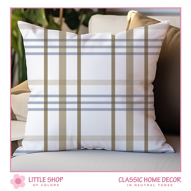 Beige Blue Plaid Indoor Outdoor Throw Pillow (Creator Uploaded)