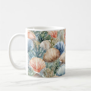 Beige Blue Sea Shells Beach Design in Watercolor Coffee Mug