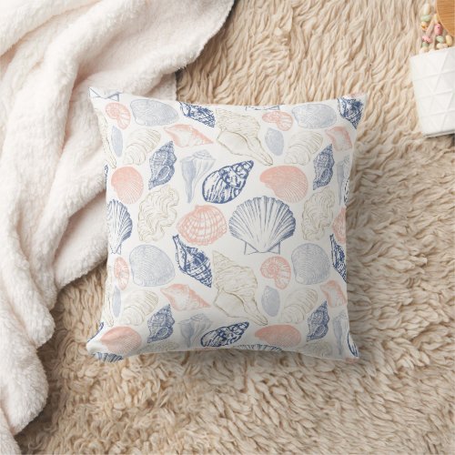 Beige Blue Seashell Beach House Lakeside Boho Throw Pillow