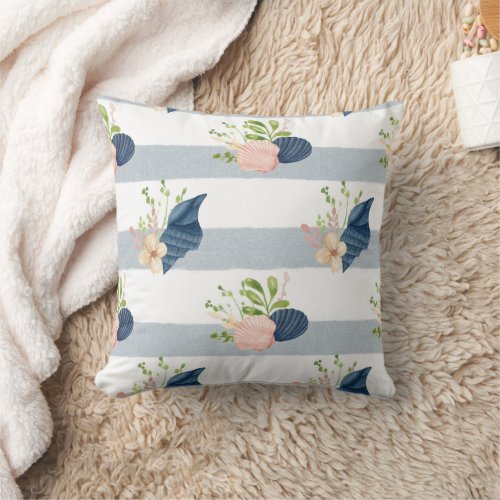 Beige Blue Seashell Flowers Beach House Lakeside  Throw Pillow