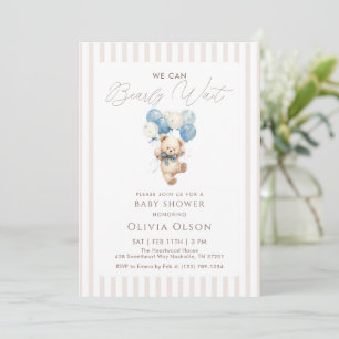 Beige Blue Teddy Bear Beary Wait Baby Shower Invitation