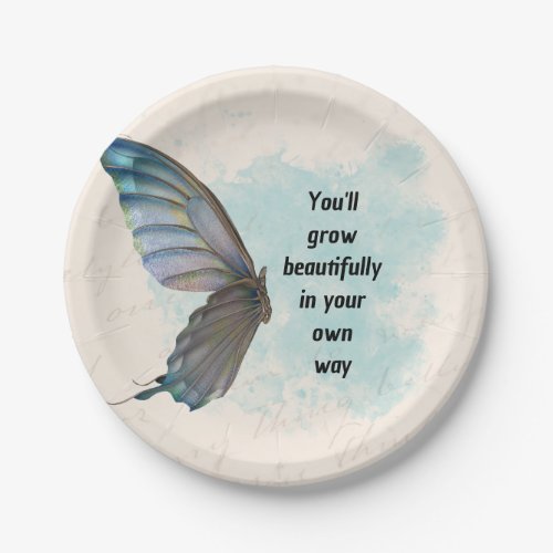 Beige Blue Vintage Butterfly 7 Round Paper Plate