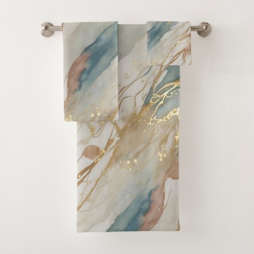 Beige  Blue Watercolor Abstract Marble Bath Towel Set