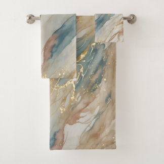Beige & Blue Watercolor Abstract Marble Bath Towel Set