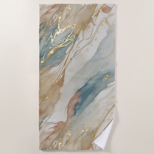 Beige  Blue Watercolor Abstract Marble Beach Towel