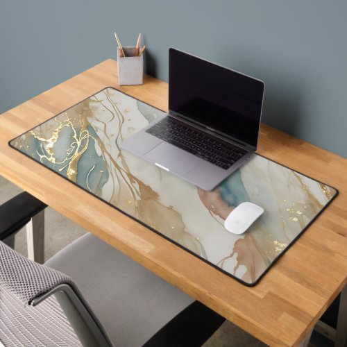 Beige  Blue Watercolor Abstract Marble Desk Mat