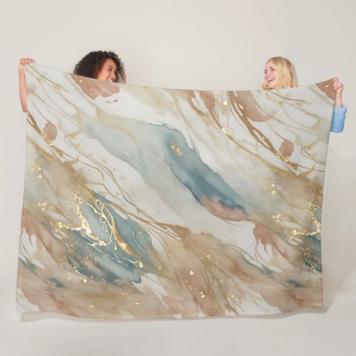 Beige  Blue Watercolor Abstract Marble Fleece Blanket