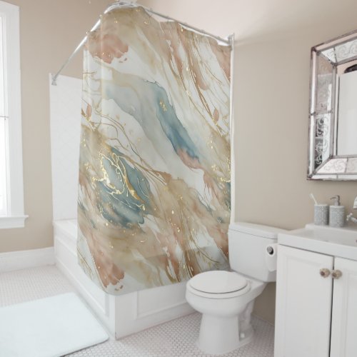 Beige  Blue Watercolor Abstract Marble Shower Curtain