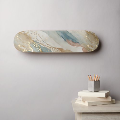 Beige  Blue Watercolor Abstract Marble Skateboard