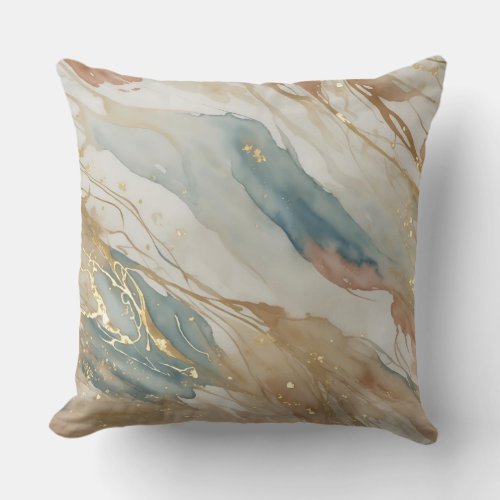 Beige  Blue Watercolor Abstract Marble Throw Pillow