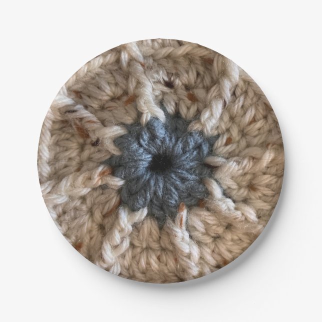 Beige Blue Yarn Photo Knitting Party Crochet  Paper Plates (Front)