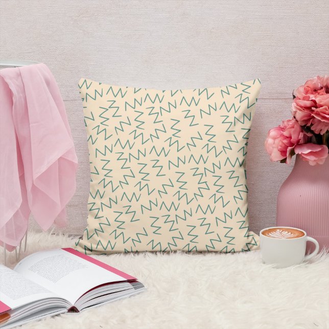Beige Blue Zig Zag Pattern Throw Pillow (Creator Uploaded)
