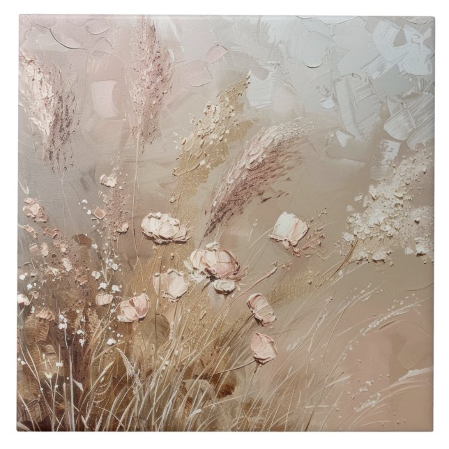 Beige Blush Boho Floral Ceramic Tile (Front)